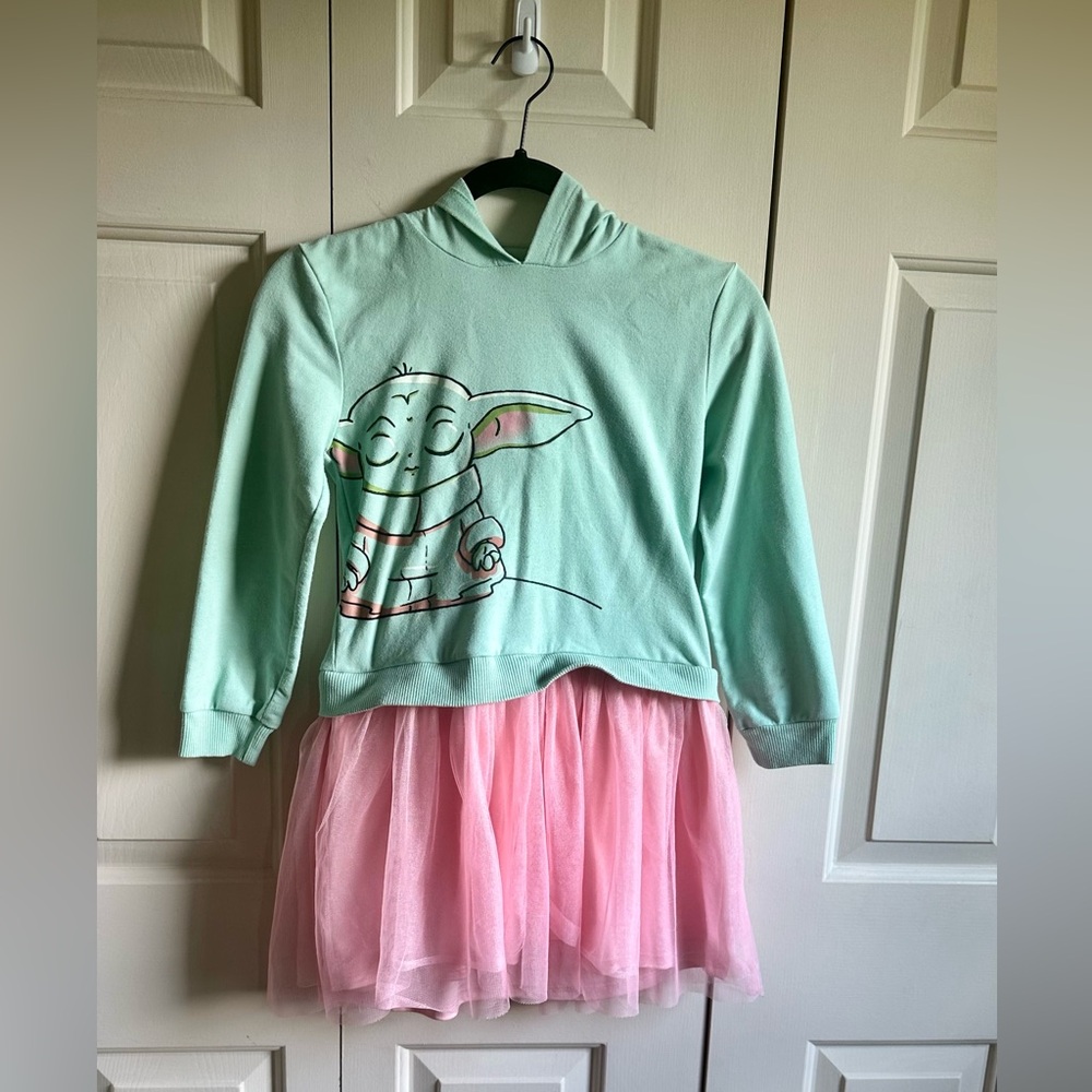 Girls size 7/8 Mandalorian Grogu/ Baby Yoda Dress with Yoda Ear Hood
